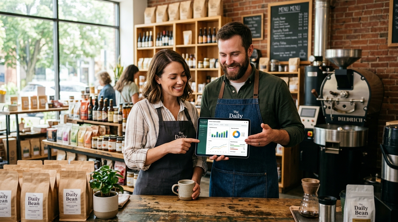 Small business owners reviewing finances on tablet