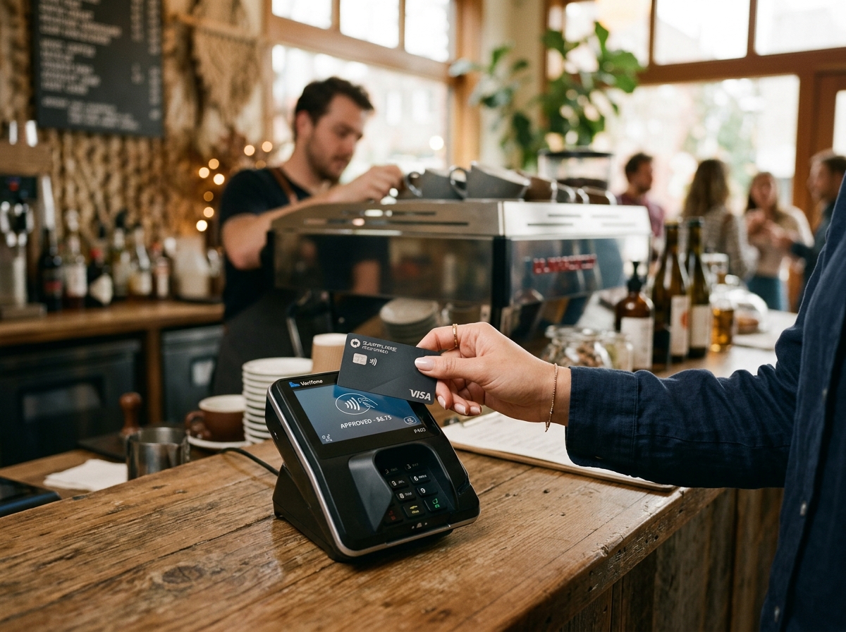 Customer using contactless debit card at checkout